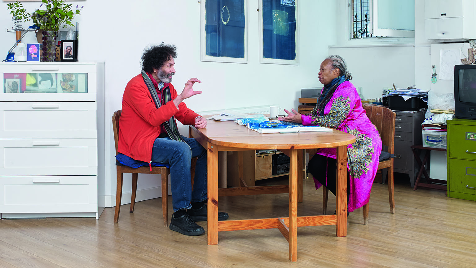 Hew Locke and Joy Gregory at Gregory's London studio, 2021