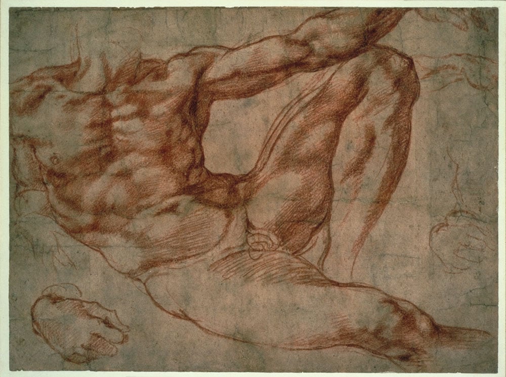 Studies of a reclining male nude: Adam in the fresco 'The Creation of Man' on the vault of the Sistine Chapel