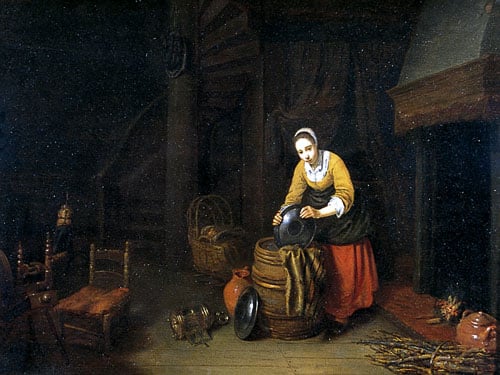 Interior with Young Woman washing Pots