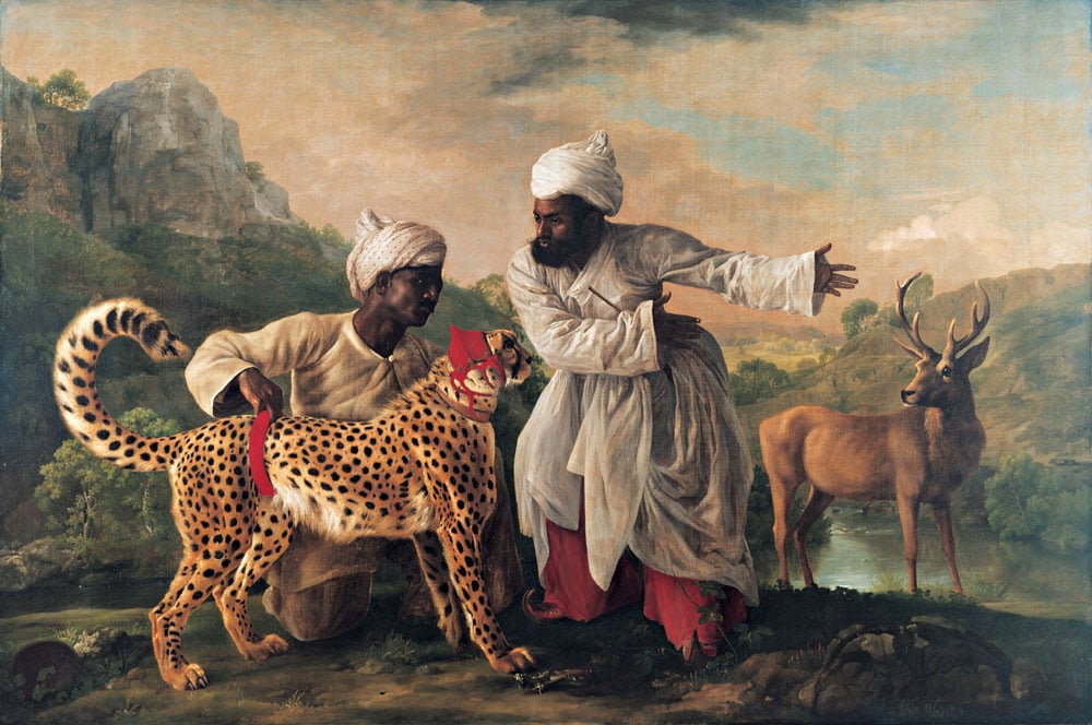 Cheetah and Stag with Two Indians