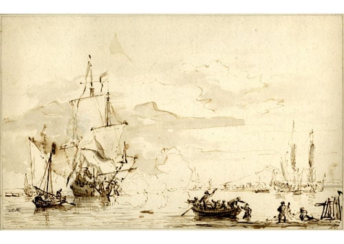 A Coast Scene with Warships Firing a Salute