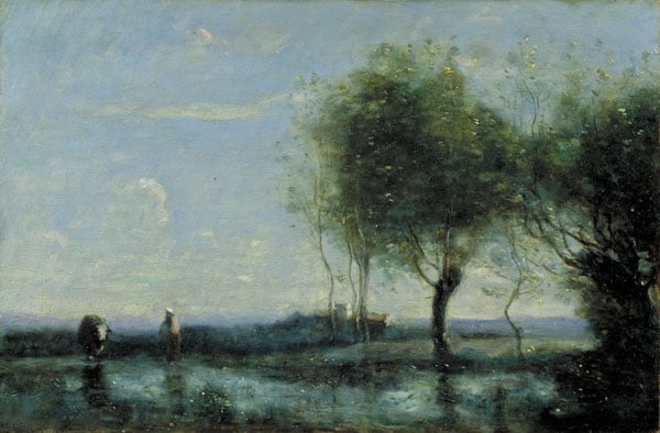 A Watering Place in Marshland with a distant Tower