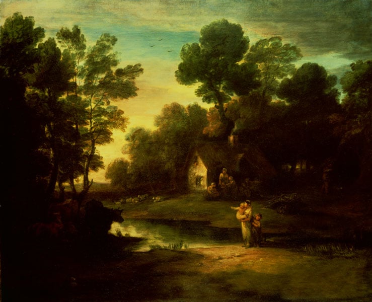 A Wooded Landscape with Cattle by a Pool and Rustics outside a Cottage