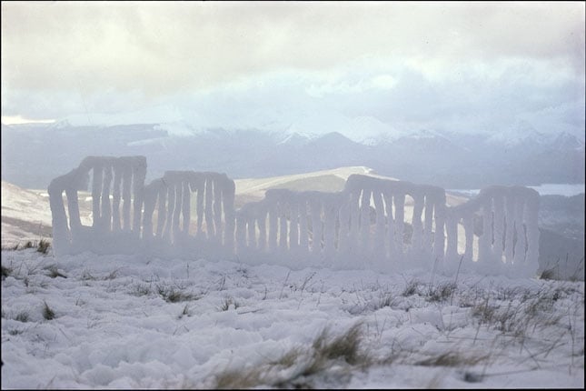 Slits cut into frozen snow, stormy ... Blencathra, Cumbria 12 February 1988