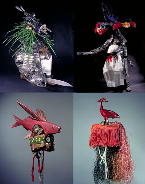 Three sculptures of masqueraders & five masquerade head-dresses