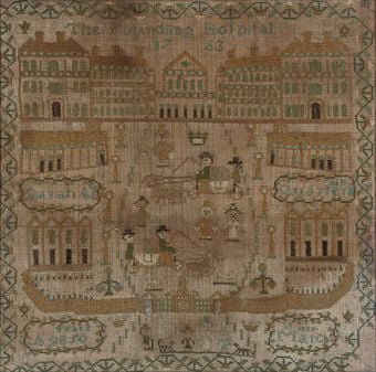 Embroidered sampler depicting the Foundling Hospital in 1763