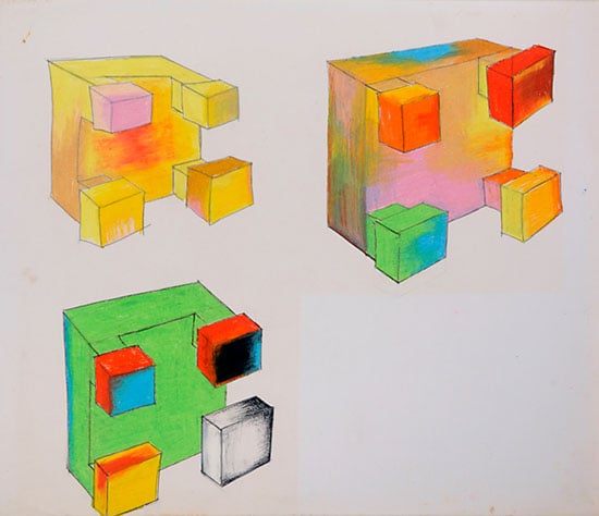 1) Photographs from the 'Cardboard Box' series; 2) Drawings for geometric and minimalist sculptures