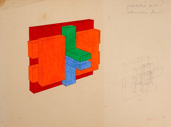 1) Photographs from the 'Cardboard Box' series; 2) Drawings for geometric and minimalist sculptures